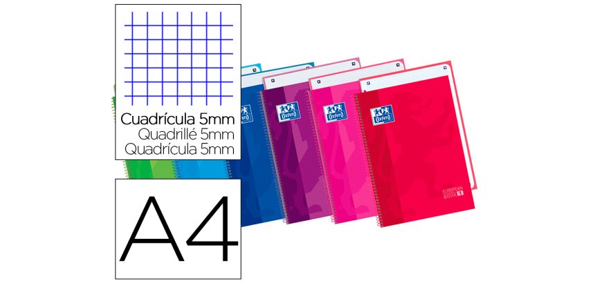 Bloc espiral oxford tapa extradura microperforado din a4 80 hojas cuadros 5mm colores surtidos