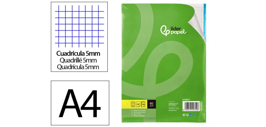 Recambio liderpapel a4 120 hojas 80gr cuadro 5mm sin margen 4 taladros bandas de 5 colores