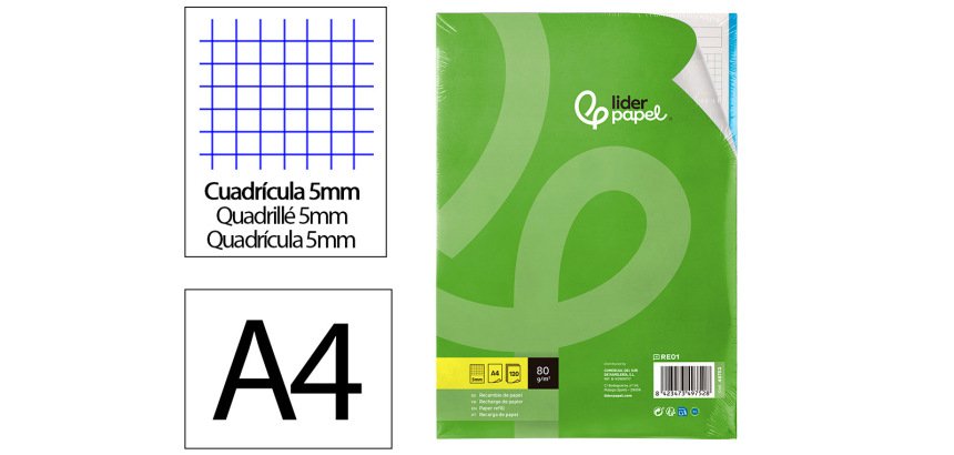 Recambio liderpapel a4 120 hojas 80gr cuadro 5mm sin ma rgen 4 taladros bandas de 5 colores