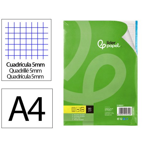 Recambio liderpapel a4 120 hojas 80gr cuadro 5mm sin margen 4 taladros bandas de 5 colores