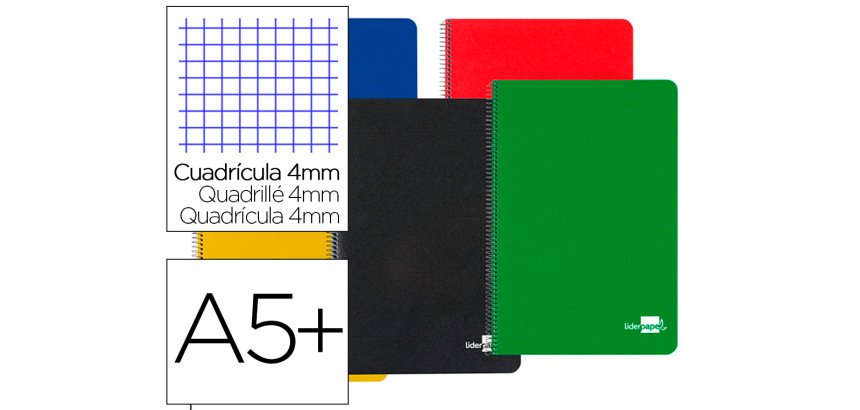Cuaderno espiral liderpapel cuarto tapa dura 80h 75gr cuadro 4mm con margen colores surtidos