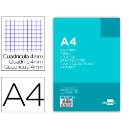 Recambio liderpapel A4 100 hojas 75g cuadrícula 4mm con margen 4 taladros