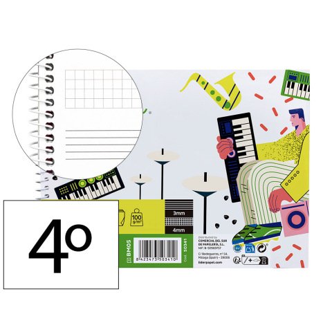Bloc musica liderpapel combi pentagrama 3mm mas cuadricula de 4mm para anotaciones cuarto20 hojas 100g/m2