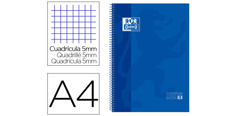 Bloc espiral oxford tapa extradura microperforado din a4 80 hojas cuadros 5mm color azul