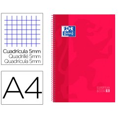 Bloc espiral oxford tapa extradura microperforado din a4 80 hojas cuadros 5mm color rojo