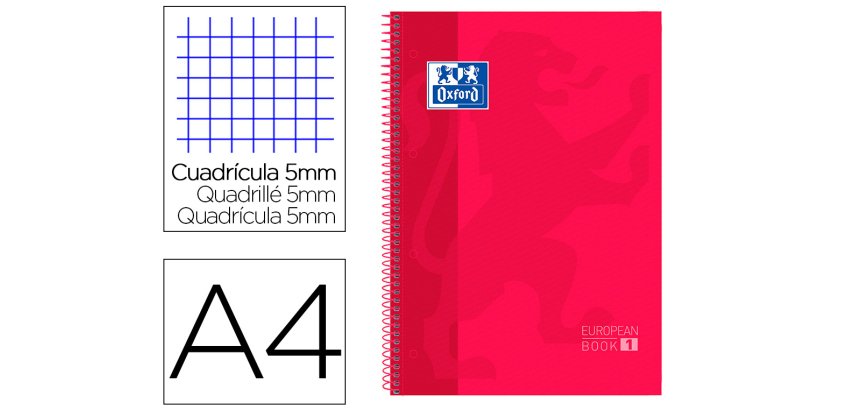 Bloc espiral oxford tapa extradura microperforado din a4 80 hojas cuadros 5mm color rojo