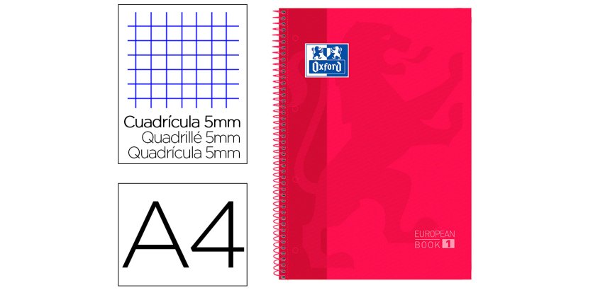 Bloc espiral oxford tapa extradura microperforado din a4 80 hojas cuadros 5mm color rojo