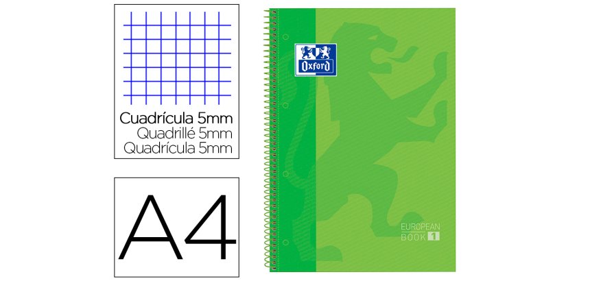 Bloc espiral oxford tapa extradura microperforado din a4 80 hojas cuadros 5mm color verde