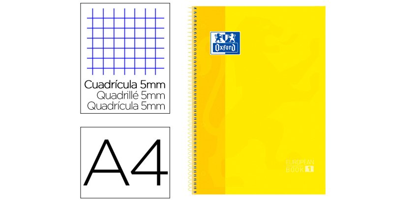 Bloc espiral oxford tapa extradura microperforado din a4 80 hojas cuadros 5mm color amarillo