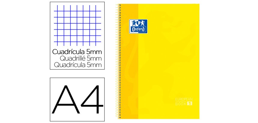 Bloc espiral oxford tapa extradura microperforado din a4 80 hojas cuadros 5mm color amarillo