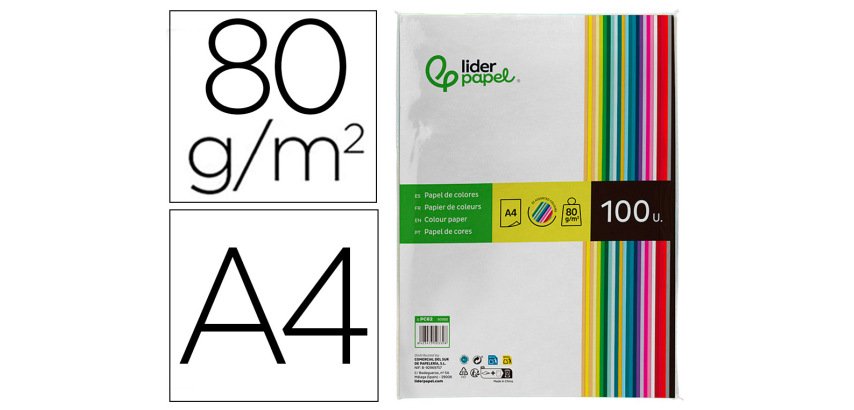 Papel color liderpapel a4 80gr 25 colores surtidos paquete de 100 hojas