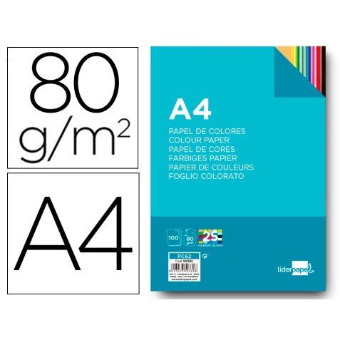 Papel color liderpapel a4 80gr 25 colores surtidos paquete de 100 hojas