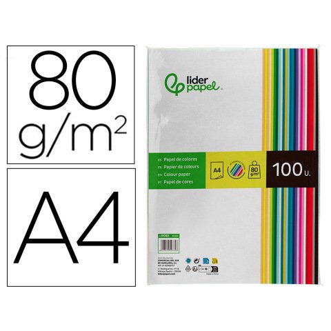 Papel color liderpapel a4 80gr 25 colores surtidos paquete de 100 hojas
