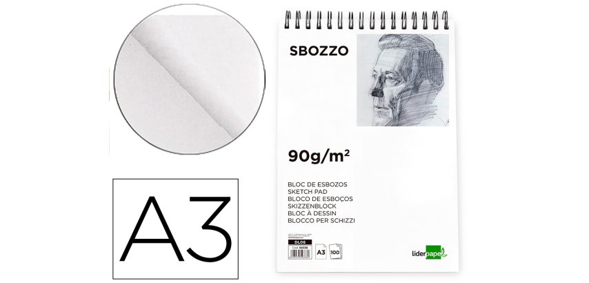 Bloc dibujo liderpapel esbozos espiral a3 297x420mm 100 hojas 90 g sin recuadro