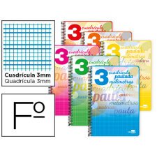 Cuaderno espiral liderpapel folio pautaguia tapa blanda 80h 75 gr cuadro pautado 3mm con margen colores surtidos