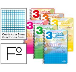 Cuaderno espiral liderpapel folio pautaguia tapa blanda 80h 75gr cuadro pautado 3mm co n margen colores surtidos