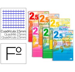 Cuaderno espiral liderpapel folio pautaguia tapa blanda 80h 75gr cuadro pautado 2,5mm con margen colores surtidos