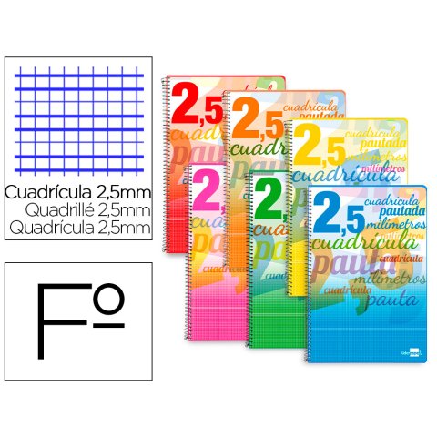 Cuaderno espiral liderpapel folio pautaguia tapa blanda 80h 75gr cuadro pautado 2,5mm con margen colores surtidos