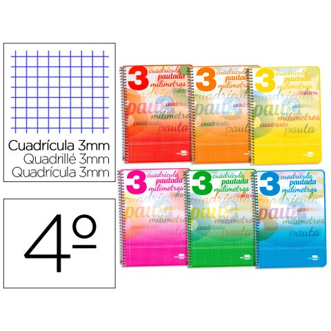 Cuaderno espiral liderpapel cuarto pautaguia tapa blanda 40h 75gr cuadro pautado 3 mm con margen colores surtidos