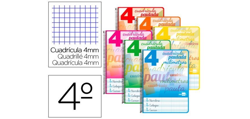 Cuaderno espiral liderpapel cuarto pautaguia tapa blanda 40h 75gr cuadro pautado 4mm c olores surtidos