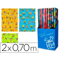 Papel de regalo infantil bob esponja rollo ancho 70 cm longitud 2 mt diseños surtidos gramaje 60 gr