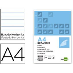 Recambio liderpapel a4 120 hojas 70g/m2 horizontal sin margen 4 taladros bandas de 5 colores