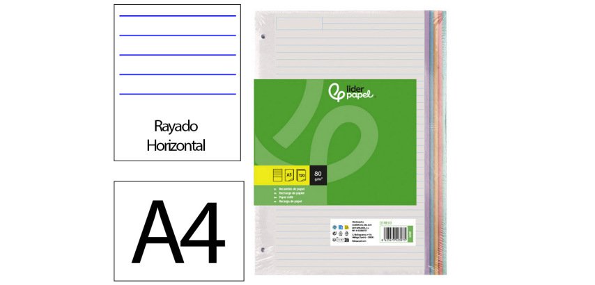 Recambio liderpapel a4 120 hojas 70gr horizontal sin margen 4 taladros bandas de 5 colores