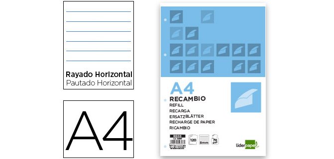 Recambio liderpapel a4 120 hojas 70gr horizontal sin ma rgen 4 taladros bandas de 5 colores