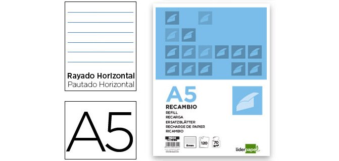 Recambio liderpapel A5 120 hojas 80 g horizontal sin margen 6 taladros bandas de 5 colores