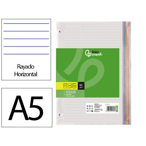 Recambio liderpapel A5 120 hojas 80 g horizontal sin margen 6 taladros bandas de 5 colores