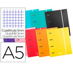 Carpeta con recambio liderpapel a5 cuadro 5mm forrada 4 anillas 20mm colores surtidos