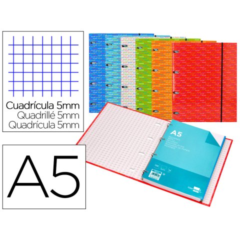 Carpeta con recambio liderpapel a5 cuadro 5mm forrada 4 anillas 20mm colores surtidos