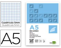 Recambio liderpapel a5 120 hojas 75g/m2 cuadro 5mm sin margen 6 taladros bandas de 5 colores