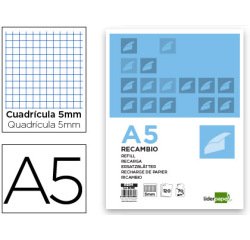 Recambio liderpapel a5 120 hojas 75g/m2 cuadro 5mm sin margen 6 taladros bandas de 5 colores