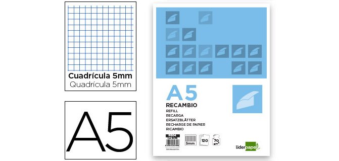 Recambio liderpapel a5 120 hojas 75gr cuadro 5mm sin ma rgen 6 taladros bandas de 5 colores