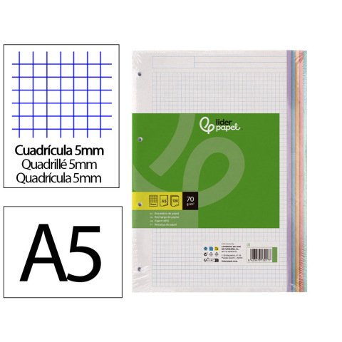 Recambio liderpapel a5 120 hojas 75gr cuadro 5mm sin margen 6 taladros bandas de 5 colores