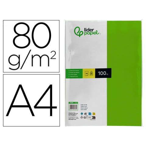 Papel color liderpapel a4 80gr verde intenso paquete de 100 hojas