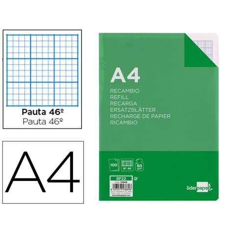 Recambio liderpapel A4 100 hojas 60g rayado nº 46 4 taladros