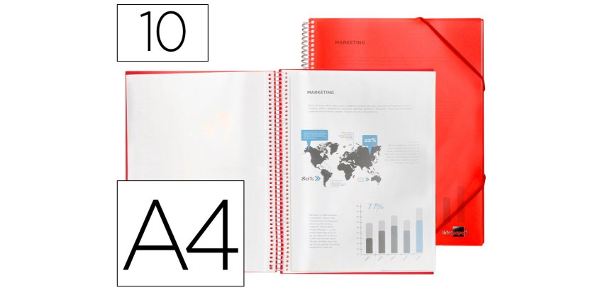 Carpeta liderpapel escaparate con espiral 10 fundas polipropileno din a4 rojo