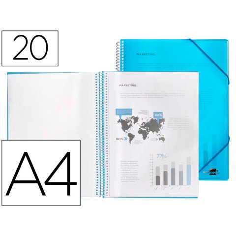 Carpeta liderpapel escaparate con espiral 20 fundas polipropileno din a4 azul