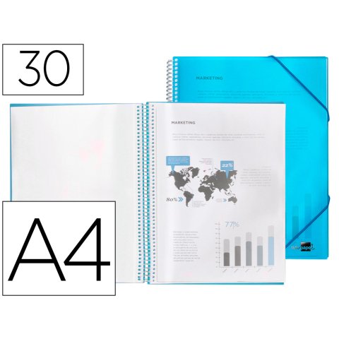 Carpeta liderpapel escaparate con espiral 30 fundas polipropileno din a4 azul