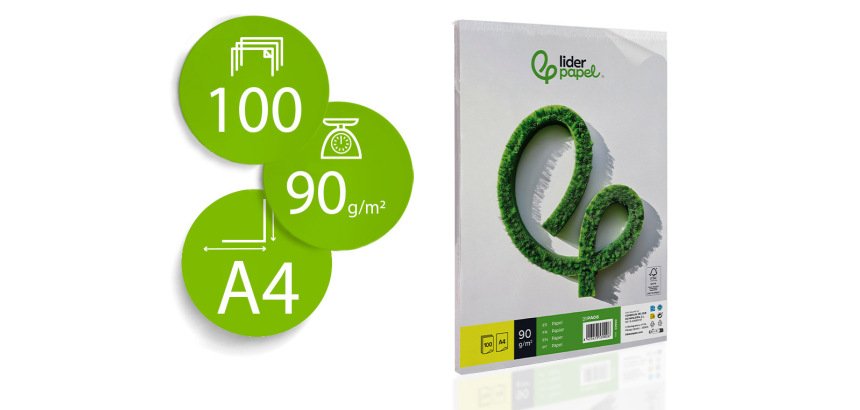 Papel liderpapel a4 90g/m2 liso paquete de 100 hojas