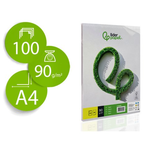 Papel liderpapel a4 90g/m2 liso paquete de 100 hojas