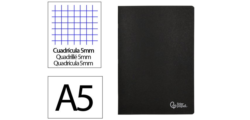 Libreta liderpapel tapa negra a5 80 hojas 60gr cuadro 5mm con doble margen