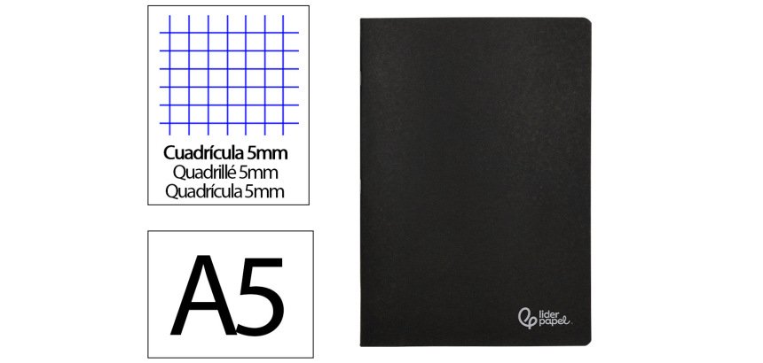 Libreta liderpapel tapa negra a5 80 hojas 60gr cuadro 5mm con doble margen