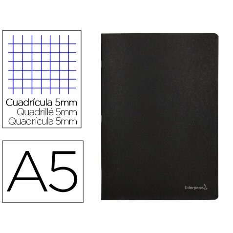 Libreta liderpapel tapa negra a5 80 hojas 60g/m2 cuadro 5mm con doble margen