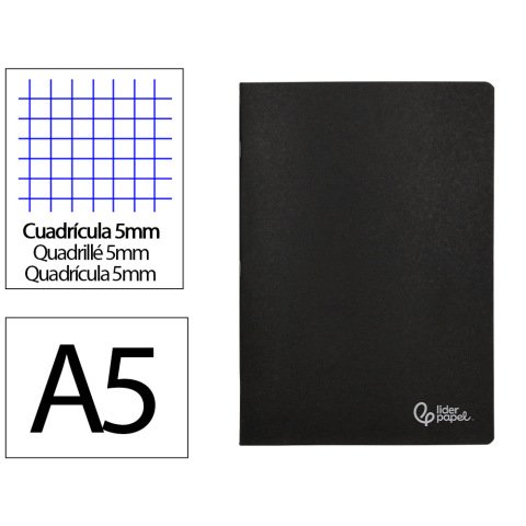 Libreta liderpapel tapa negra a5 80 hojas 60gr cuadro 5mm con doble margen