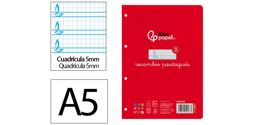 Recambio liderpapel 4º / A5+ pautaguia 100 hojas 75 g cuadriculado pautado 5 mm con margen 6 taladros