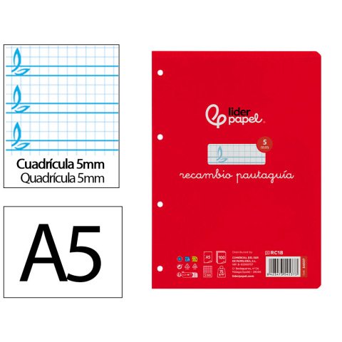 Recambio liderpapel 4º / A5+ pautaguia 100 hojas 75 g cuadriculado pautado 5 mm con margen 6 taladros