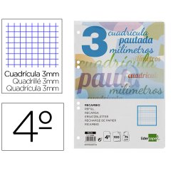 Recambio liderpapel 4º / A5+ pautaguia 100 hojas 75 g cuadriculado pautado 3 mm con margen 6 taladros